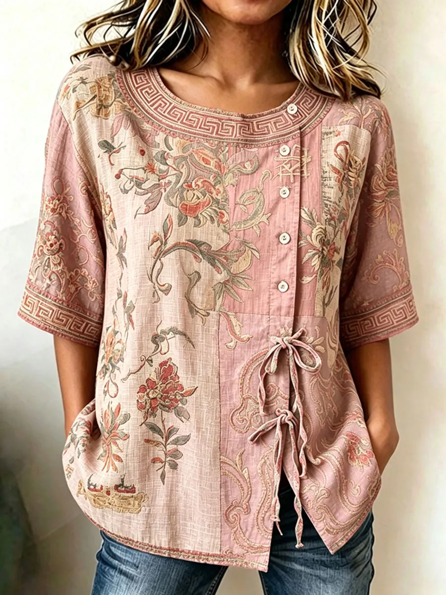 Women'S Casual Print Cotton Linen Top