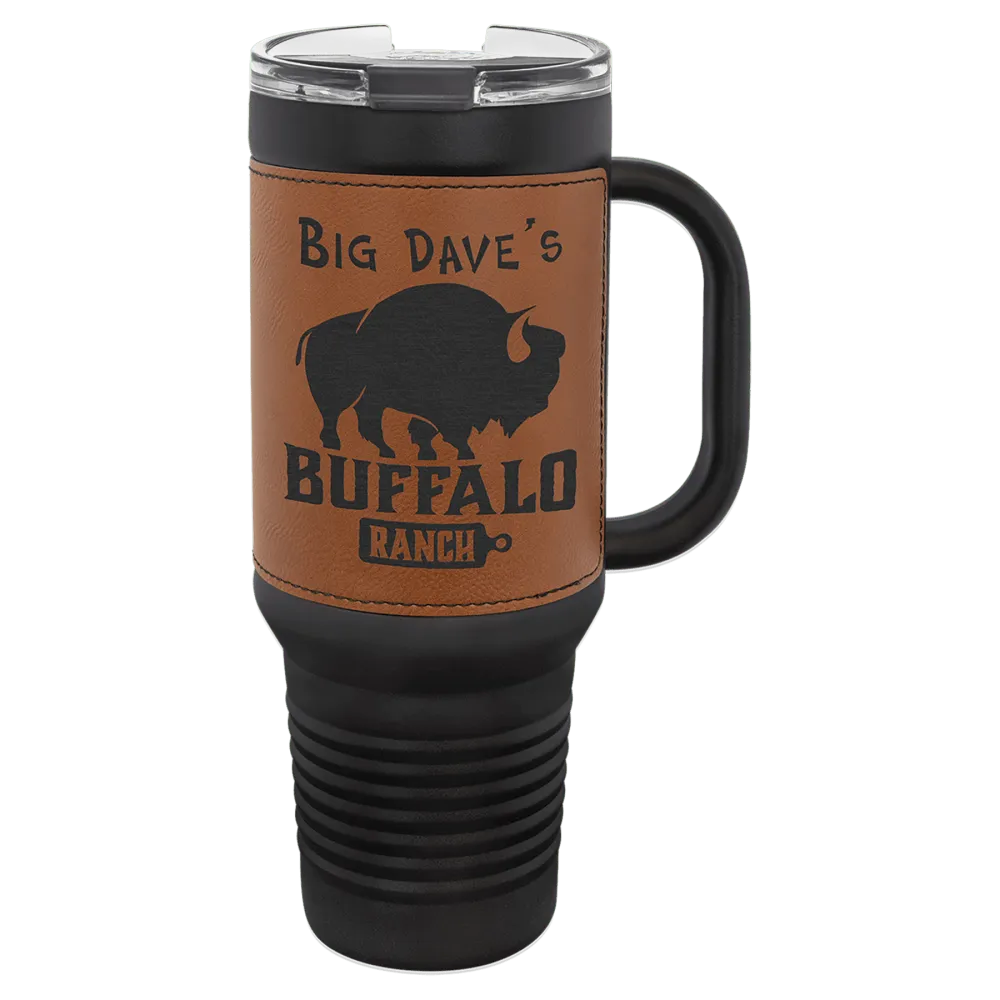 Leatherette Finish Handled Straw Lid Stainless Steel Tumbler