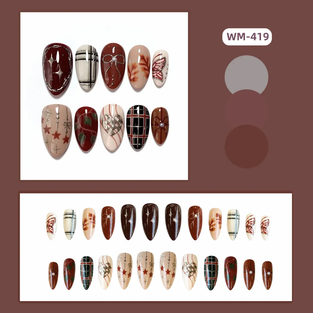 Nailhour 24Pcs Plaid Star Medium Almond French Press On Nails