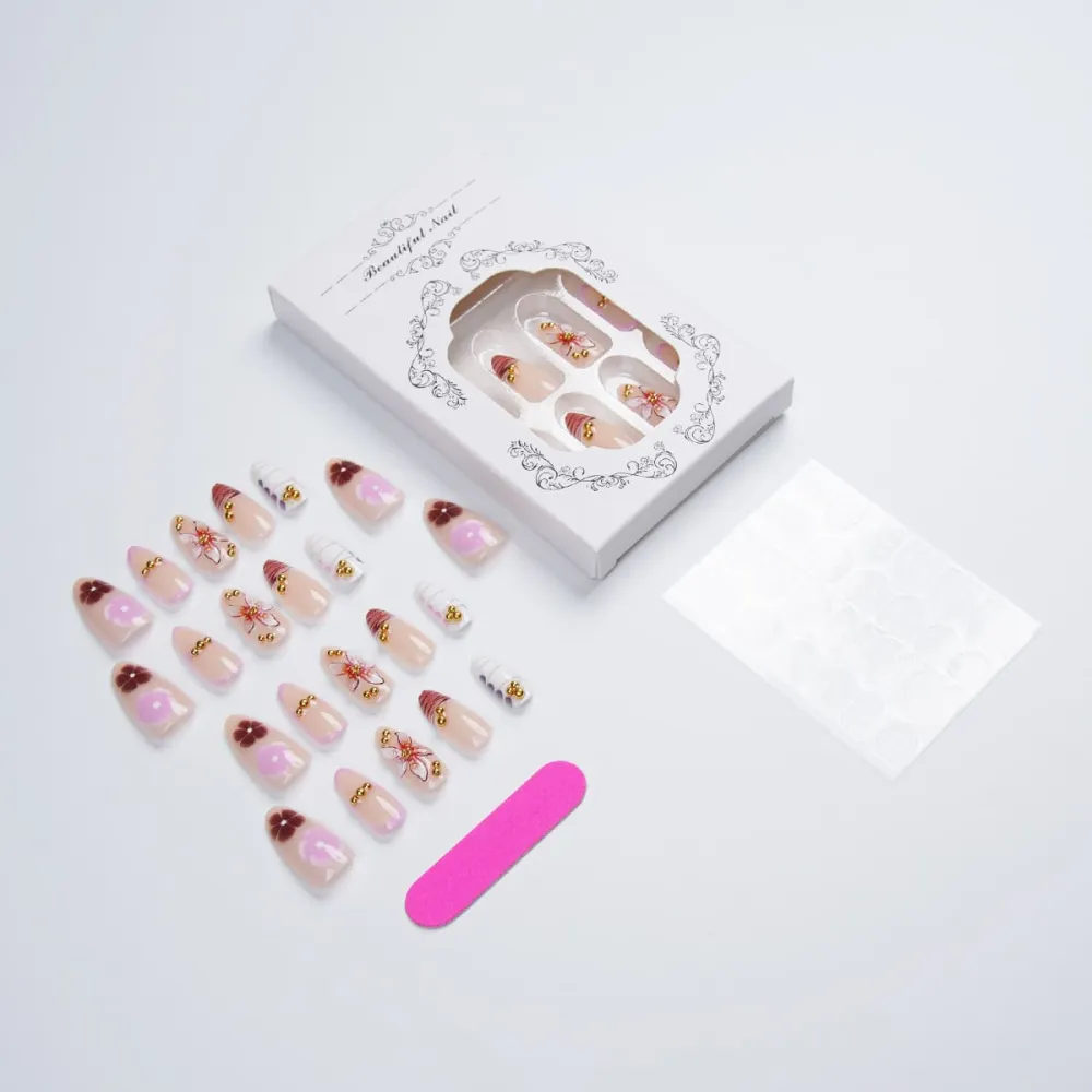 Nailhour 30Pcs Multicolor Floral 3D Gradient Medium Almond French Press On Nails