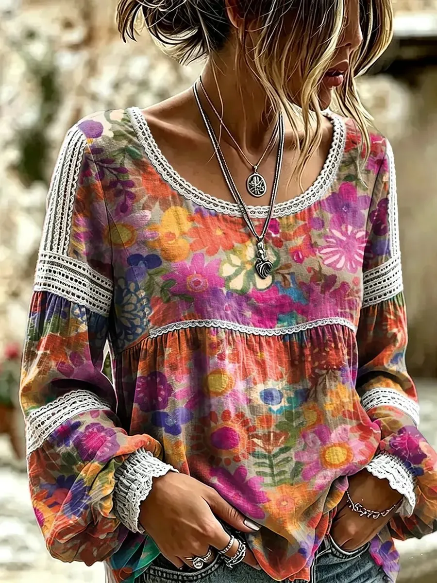 Women's Boho Daisy Peace Sign Print Lace Trim Blouse