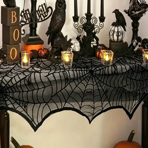 Halloween Black Lace Fireplace Mantle Scarf Cover