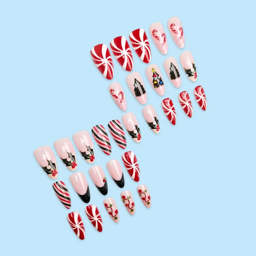 Nailhour 30Pcs Christmas Candy Cane Medium Almond French Press On Nails