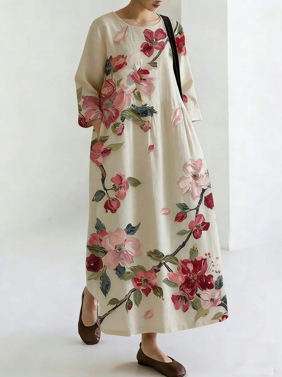 Vintage Boho Floral Design Women's Linen Maxi Dress