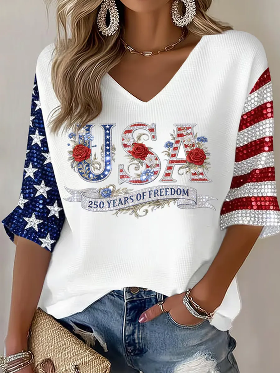 Women's 250th Anniversary Of The United States Printed V-Neck Top