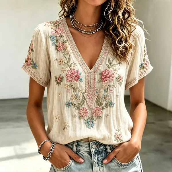 Women's Retro Floral Embroidered Art Pattern V Neck T-shirt