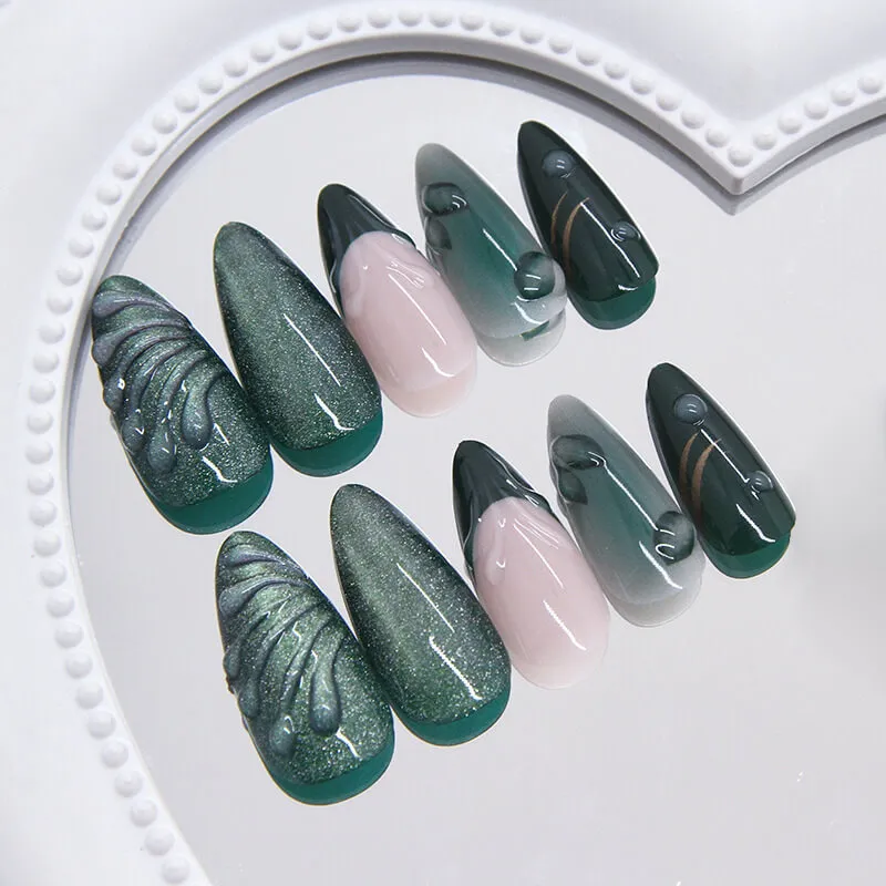 Nailhour 24Pcs 3D Resin Cat Eye Medium Almond Press On Nails