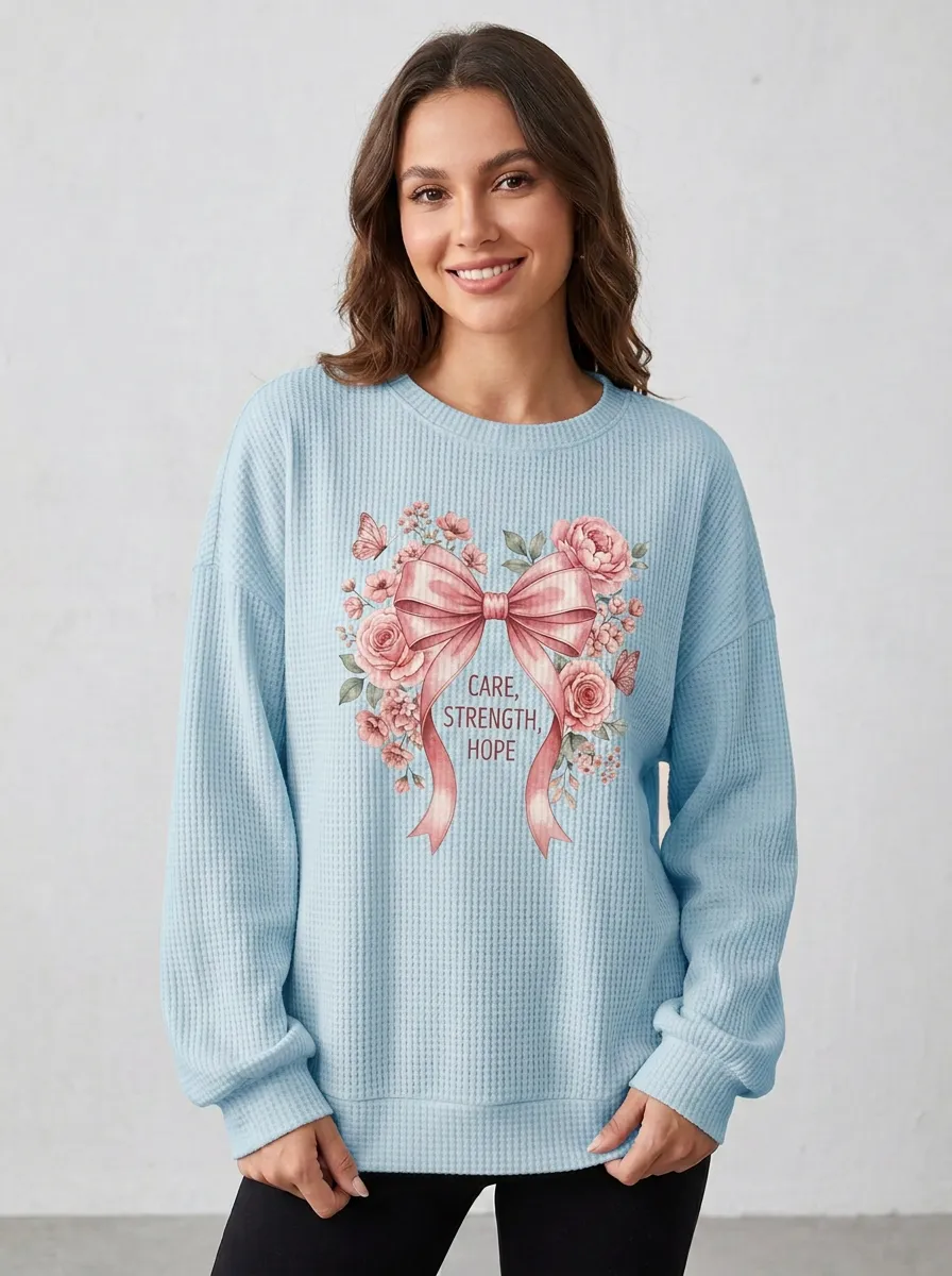 Women's Breast Cancer Awareness Pink Ribbon Floral Printed Waffle Sweatshirt