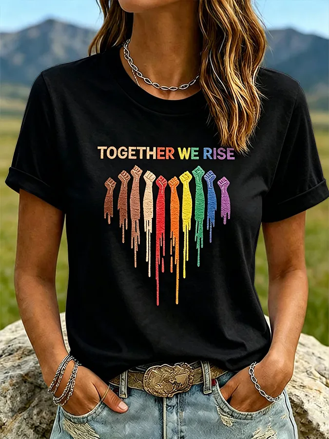Women'S Together We Rise Rainbow Fist Print Tie Dye Casual T-Shirt
