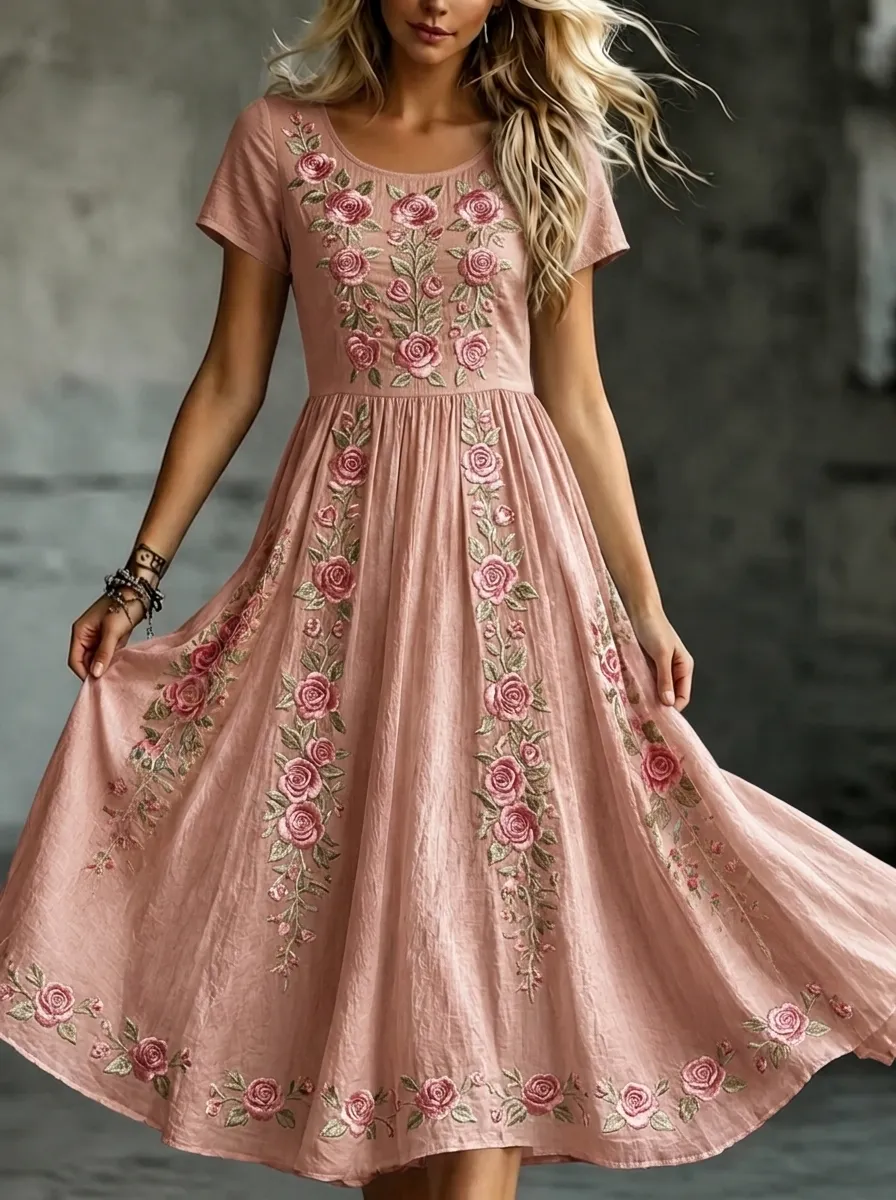 Women's Breast Cancer Awareness Rose Floral Embroidered Printed Dress