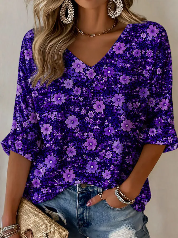Women's Flower Print Waffle T-shirt