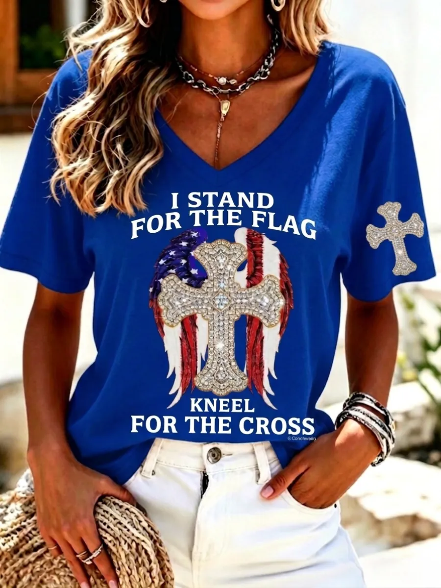 Women's America's 250th Anniversary Stand For The Flag Kneel For The Cross Faith Christian Cross Print T-Shirt