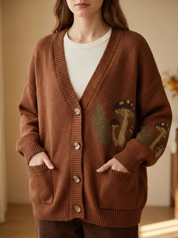 Cottagecore Mushroom Fern Pattern Patterned Women's Knit Cardigan