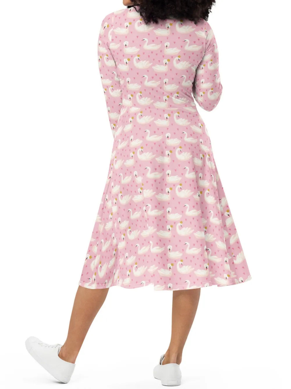 Swan Print Long Sleeve Midi Dress
