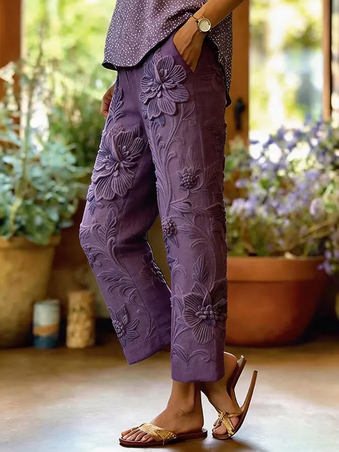 Women'S Purple Floral Printed Casual Pants