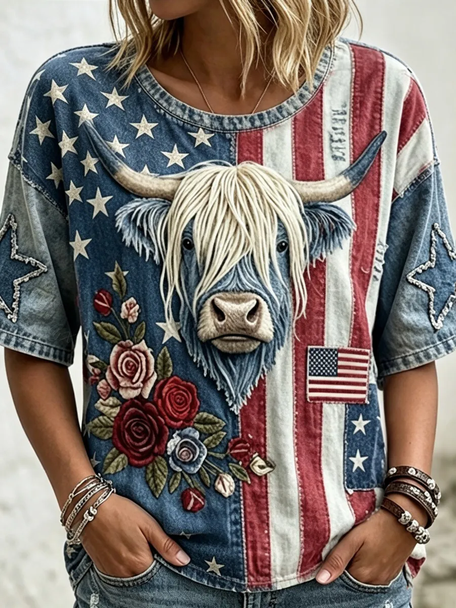 American Flag and Highland Cow Patchwork Design Women's Vintage T-Shirt