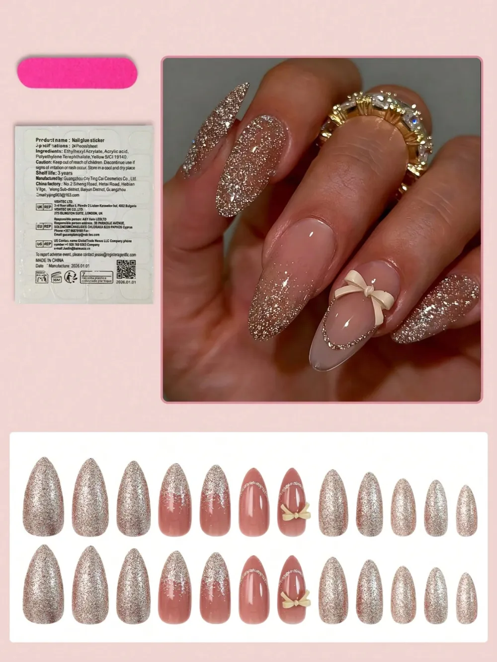 Nailhour Minimalist 24Pcs Glitter Nude Wedding Party Press On Nails