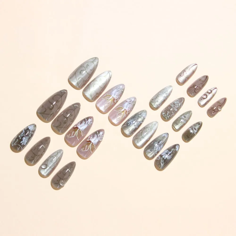 Nailhour 24Pcs Green Floral Medium Almond French Press On Nails