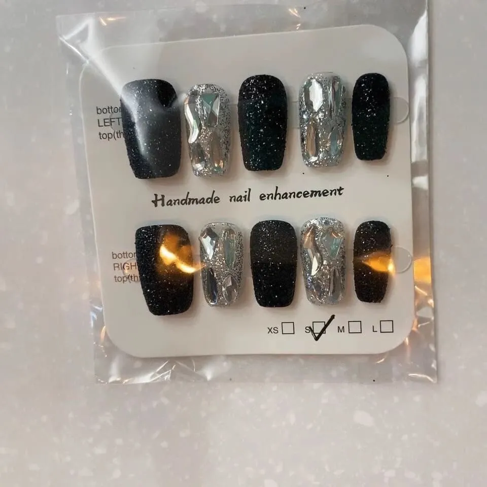 Nailhour 10Pcs Black Rhinestone French Medium Square Press On Nails
