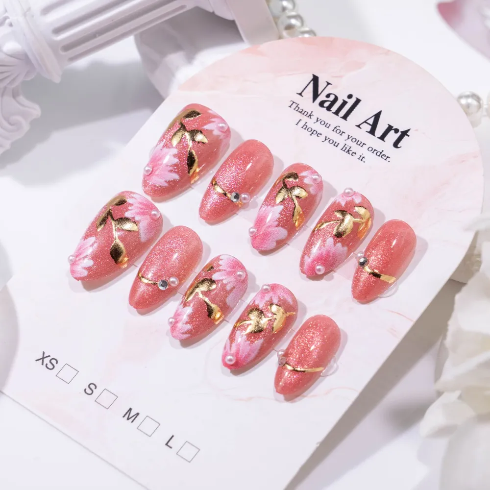 Nailhour 30Pcs Floral Pearl 3D Medium Almond French Press On Nails
