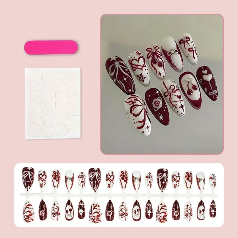 Nailhour 30Pcs Heart Cherry 3D Medium Almond French Press On Nails