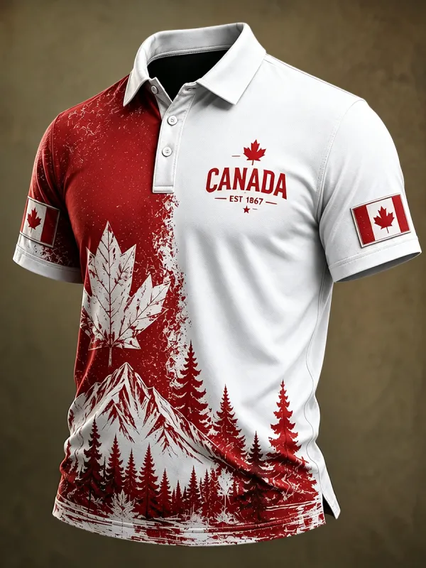 Men's Canada EST 1867 Vintage Flag Print Polo Shirt