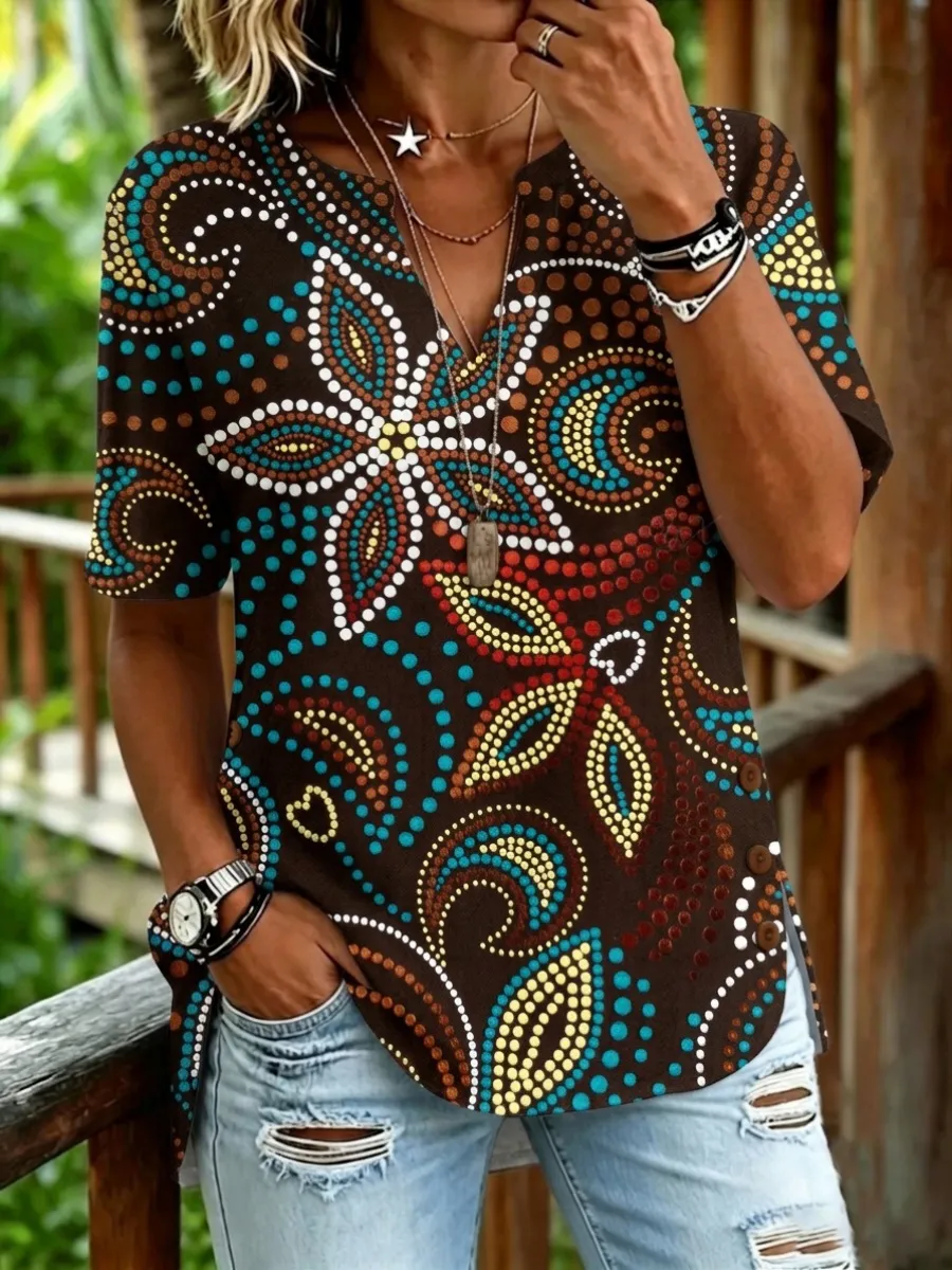 Women's Retro Floral Dotted Art Short-Sleeve Shirt