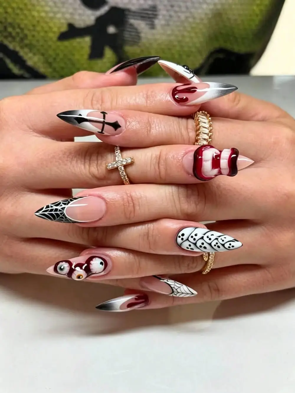 Nailhour 30Pcs Halloween 3D Chrome Long Almond Press On Nails