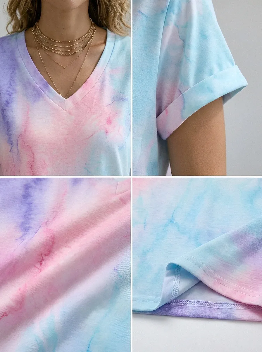 Women's Breast Cancer Awareness Watercolor Tie-Dye Printed V-Neck T-shirt
