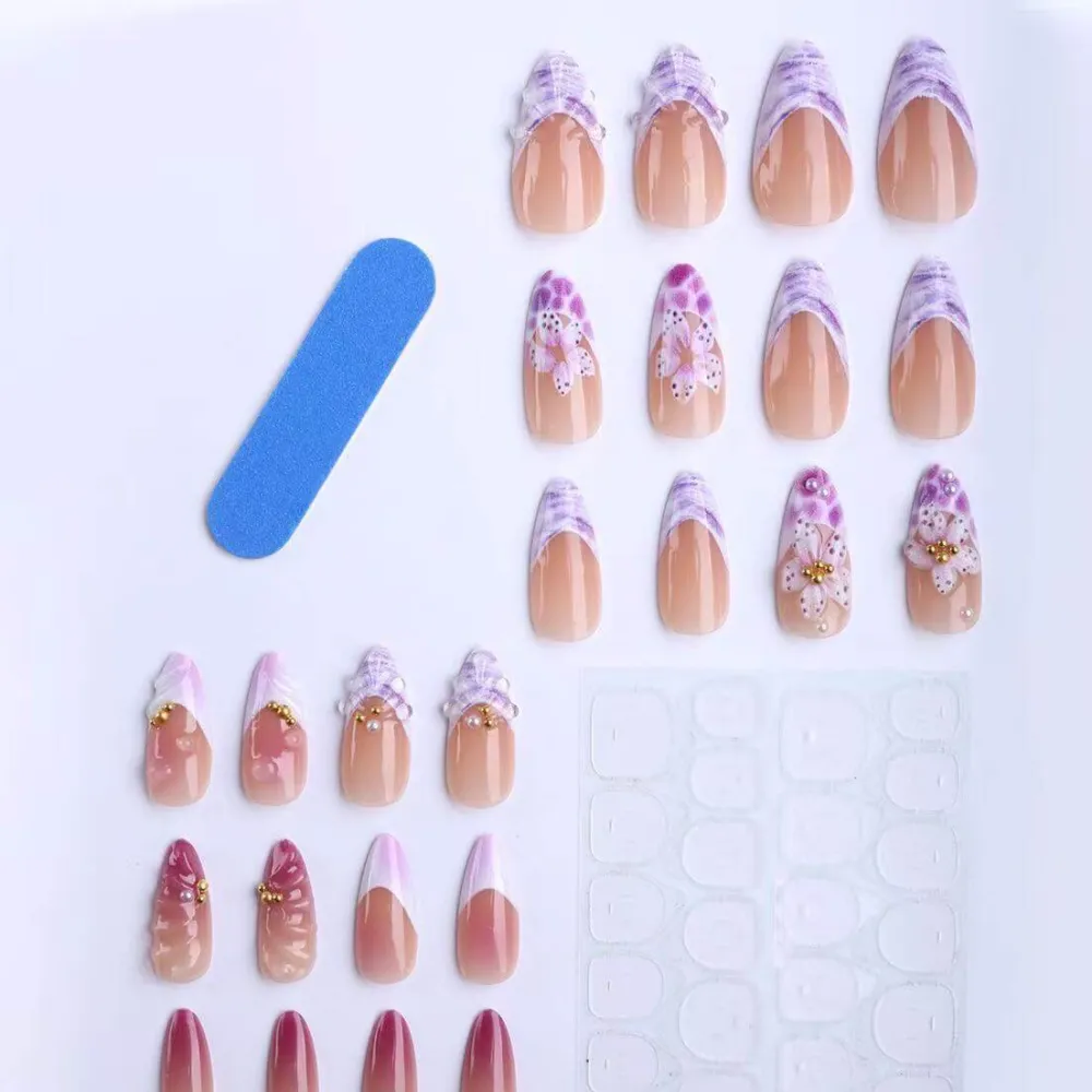 Nailhour 24Pcs French Medium Almond Purple Siren Press On Nails