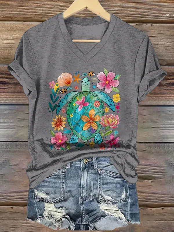 Women's The Sea Turtles Short Sleeves V-Neck Pure Cotton T-Shirt