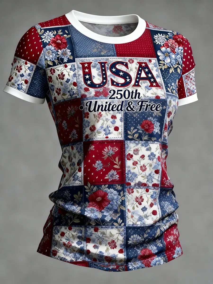 Women's USA 250th United & Free Patchwork Patriotic Floral Casual T-Shirt