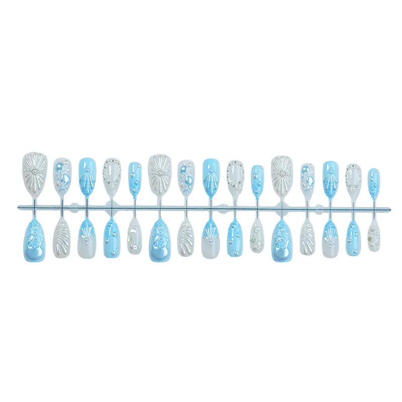 Nailhour 30Pcs Summer 3D Resin Blue Jellyfish Pearl Ocean Press On Nails