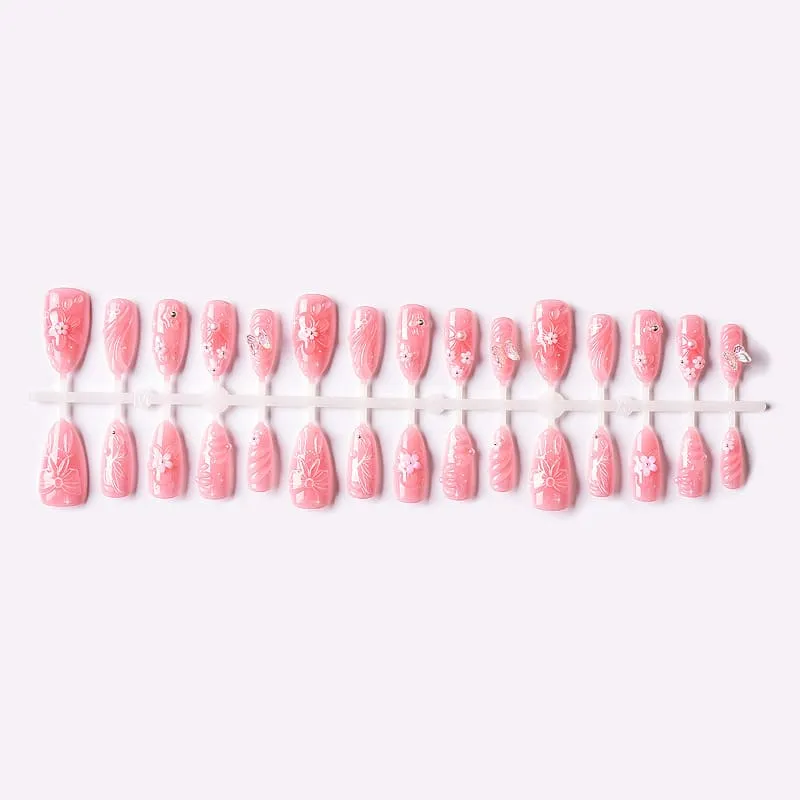 Nailhour 30Pcs Floral 3D Pink Medium Almond French Butterfly Bow Press On Nails