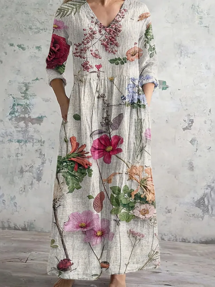 Mixed Floral Print Linen Long Dress