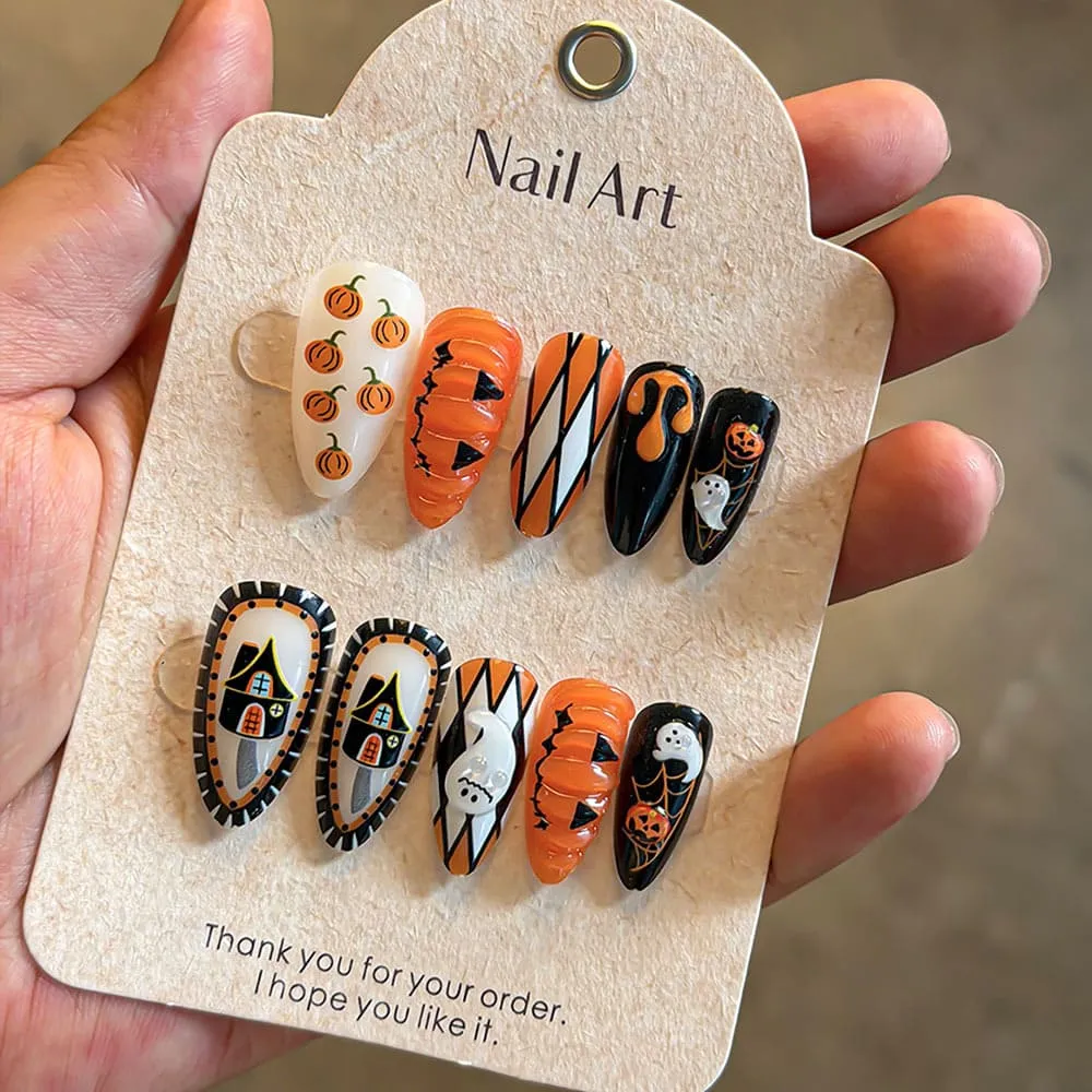 Nailhour 24Pcs Funny Pumpkin 3D Ghost Halloween Medium Almond Press On Nails