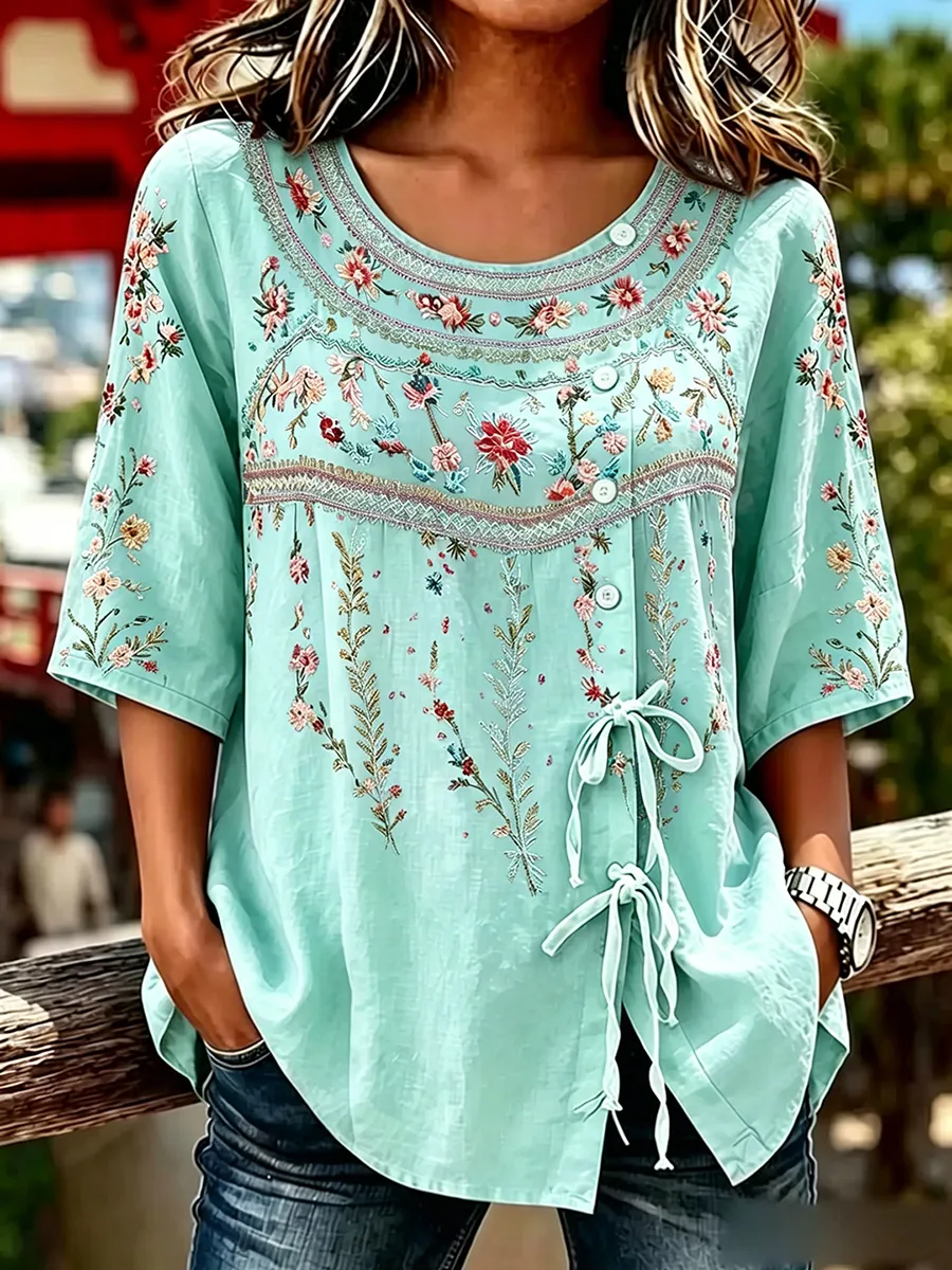 Women's  Floral Embroidered Tie Front 3/4 Sleeve Blouse