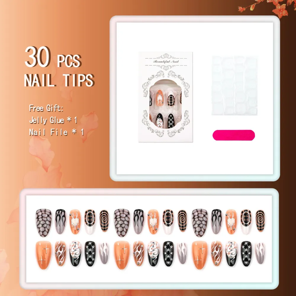 Nailhour 30Pcs Halloween Black 3D Medium Almond Press On Nails