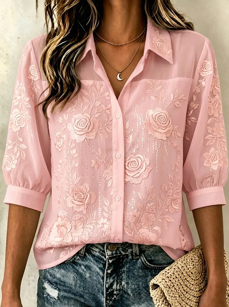 Women's Breast Cancer Awareness Rose Floral Embroidered Button-up Shirt
