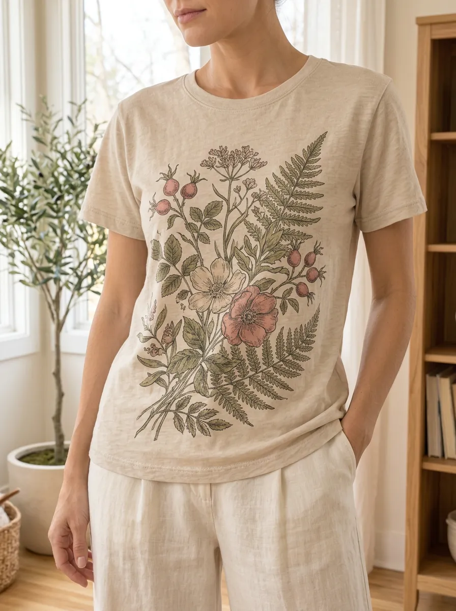 Women's Botanical Wildflower Fern Printed T-shirt
