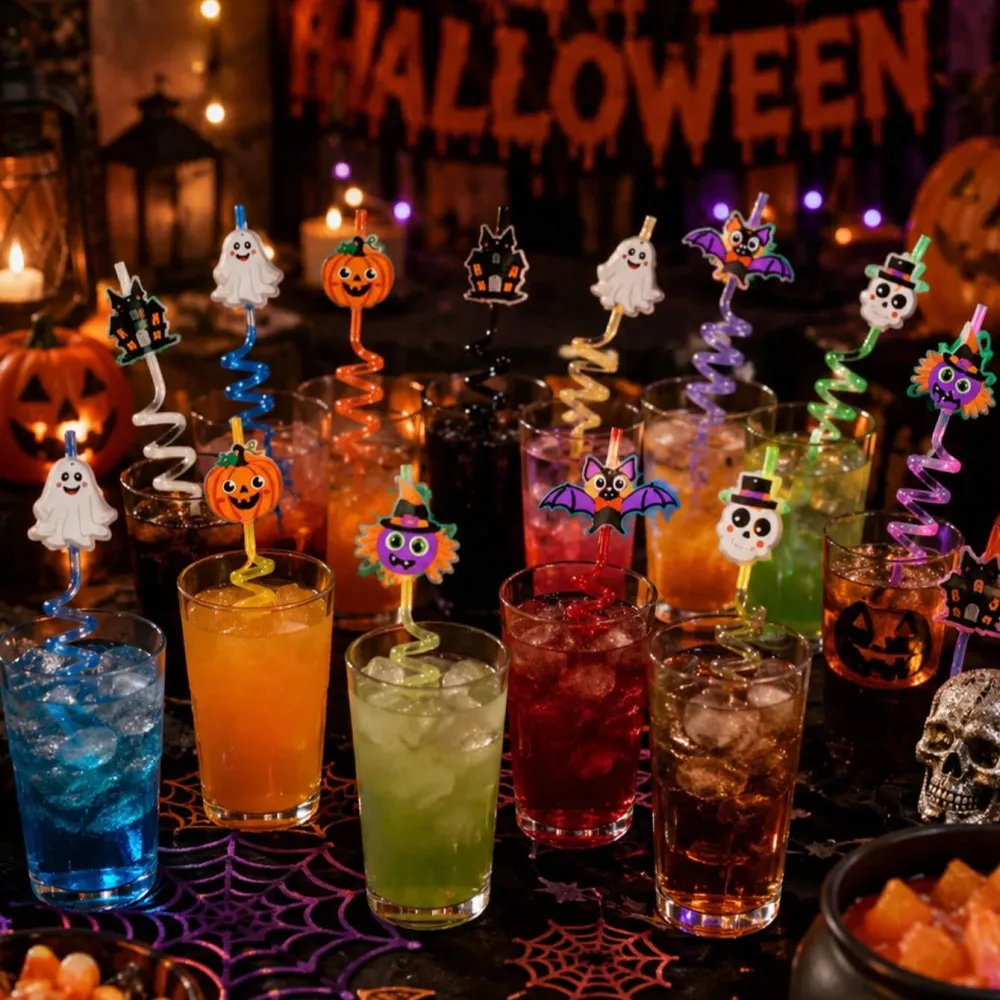 12Pcs Halloween Theme Night Light Decorative Straws
