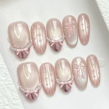 Nailhour 10Pcs 3D Bow Pink French Daily Rhinestone Medium Almond Press On Nails