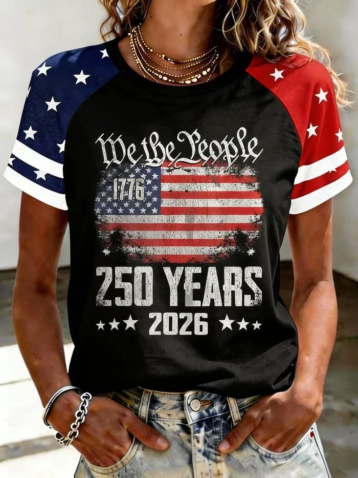 Ladies' Casual American 1776-2026 Founding Celebration Printed Shoulder Collar T-Shirt