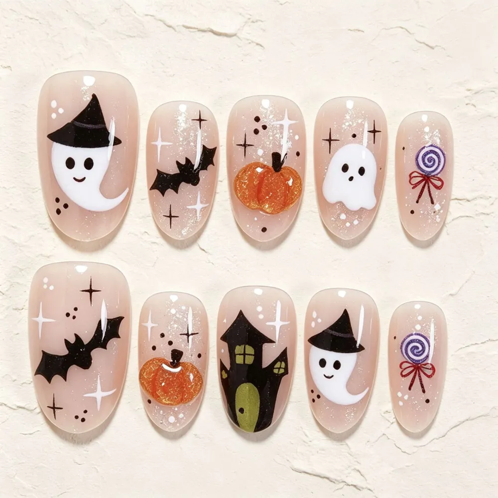 Nailhour 30Pcs Halloween Ghost Cute Medium Almond Press On Nails