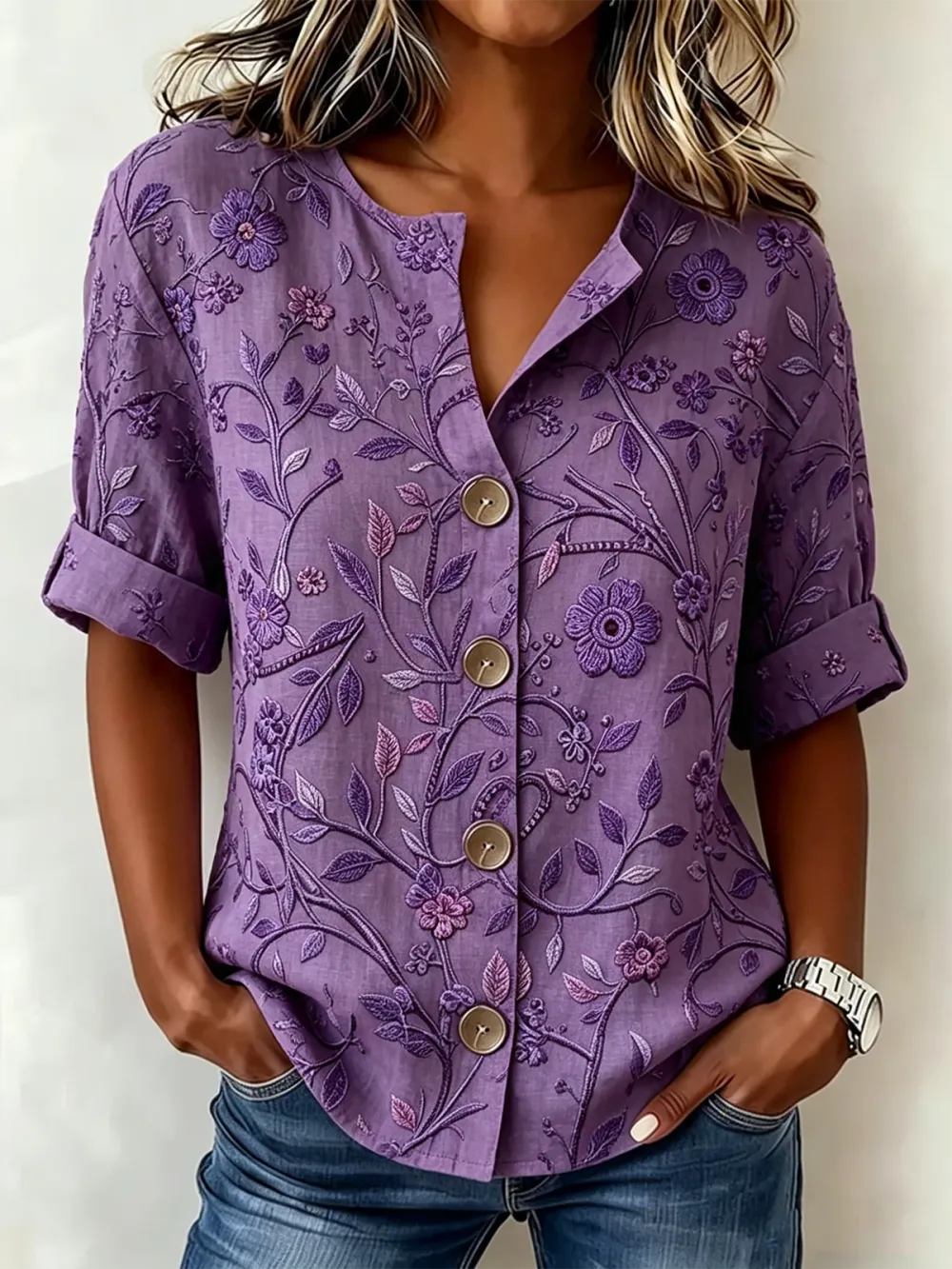 Women's Alzheimer's Awareness V-neck Half Sleeve Flower Regular Loose Shirt