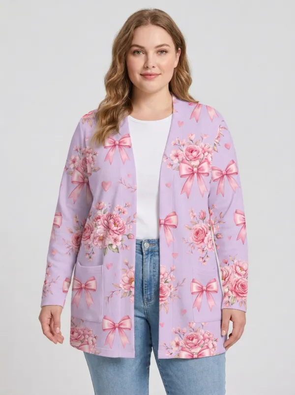 Women's Breast Cancer Awareness Pink Bow Floral Printed Cardigan
