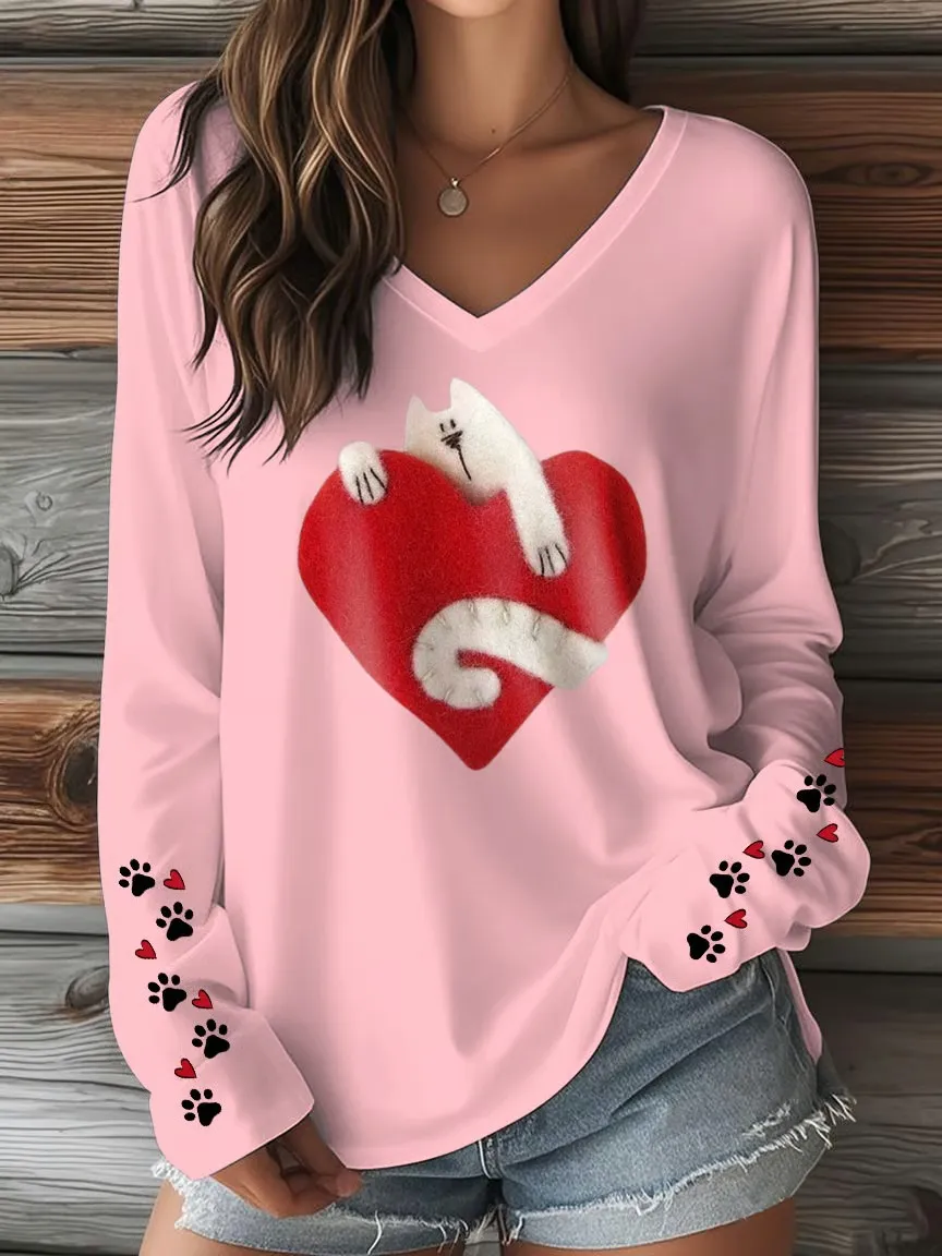 Women's T-shirt With Cute Cat Print And V-Neck And Long Sleeves