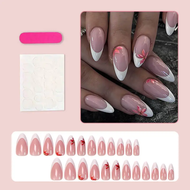 Nailhour 24Pcs French Medium Almond Pink Floral Press On Nails