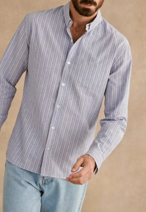Cotton Linen  Shirt-Blue White Stripes