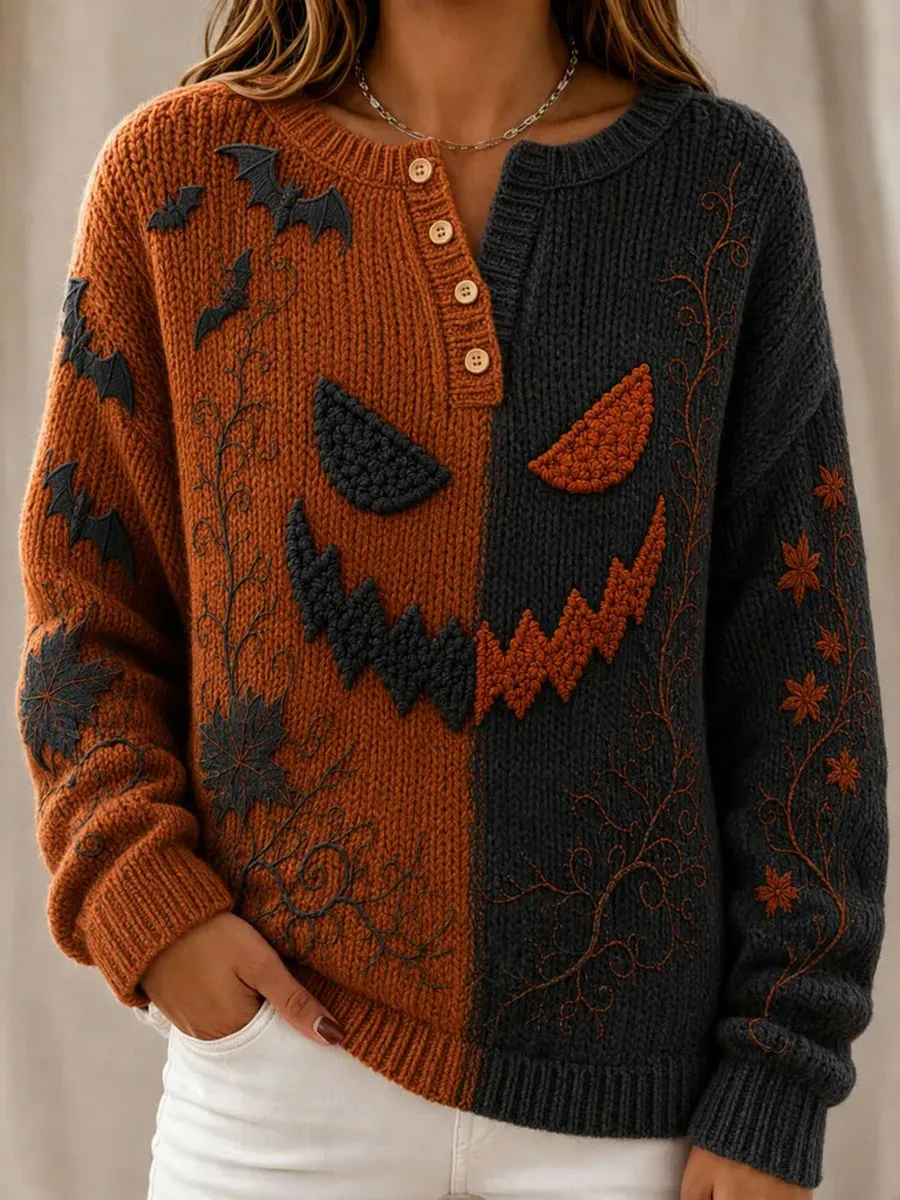 Women'S Retro Pumpkin Lantern Halloween Art Casual Knitted Shirt